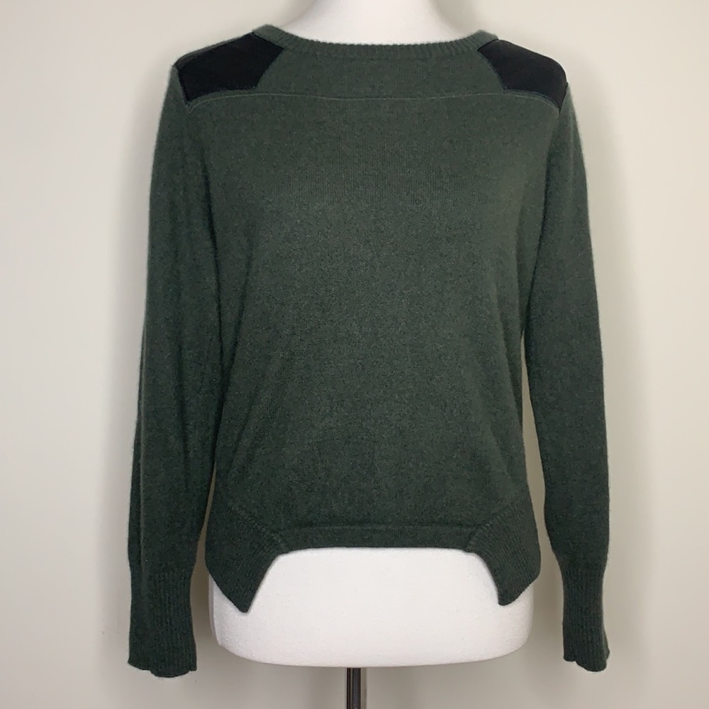 GENERATION LOVE Green Leather Shoulder Patch Cashmere Sweater L